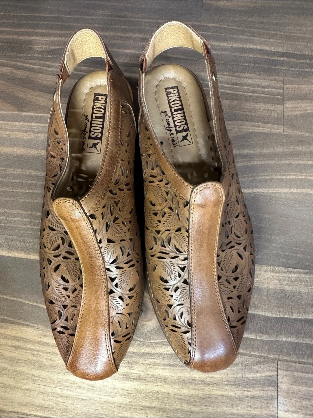 PIKOLINOS Tan Laser-Cut Leather Wedge Shoes